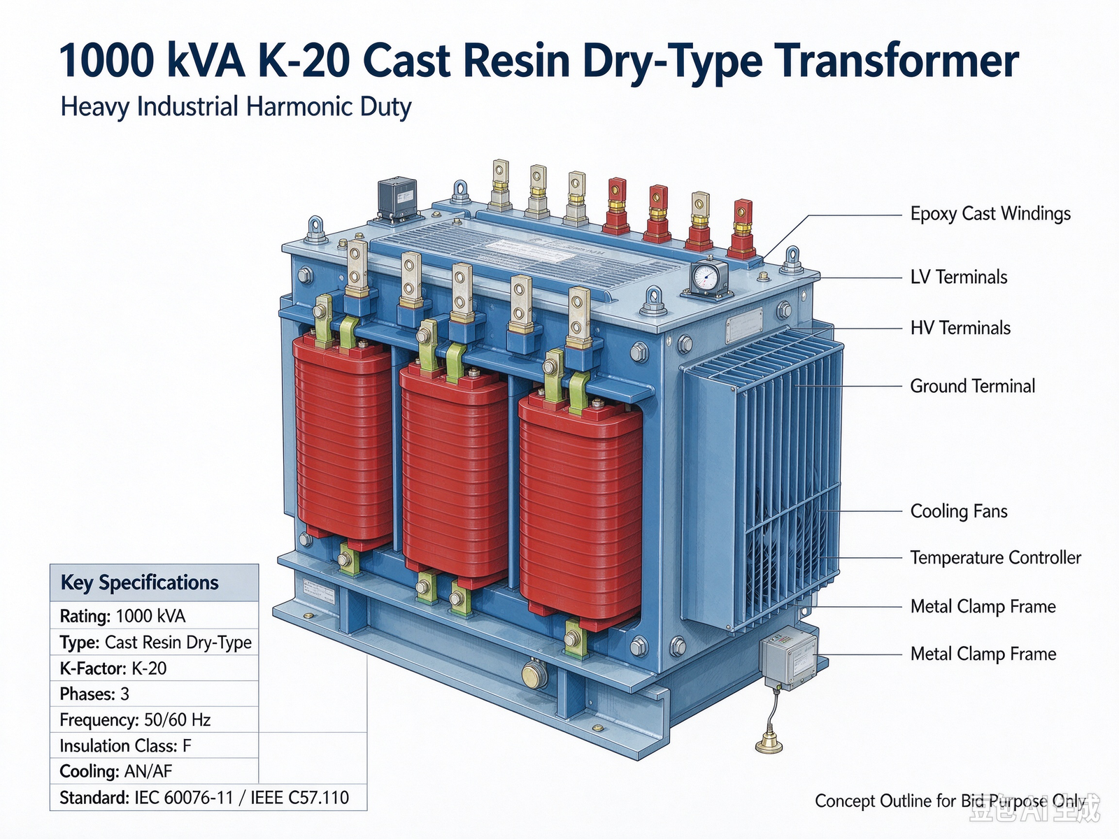 1000 kVA 12kV / 24kV Three-Phase Cast Resin Dry-Type Transformer - Image 2